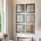 Set of 4 Boho Wall Mirrors with Carved Floral Design, 12x12 Inch Rustic Farmhouse Accent Mirrors, Vintage Style Shatterproof Square Mirror Decor for Living Room, Bedroom(Brown)