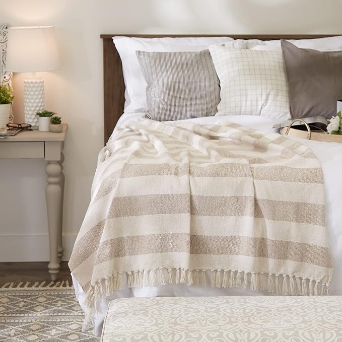 DII Rustic Farmhouse Cotton Cabana Striped Blanket Throw with Fringe, 50 x 60 - Cabana Striped Stone