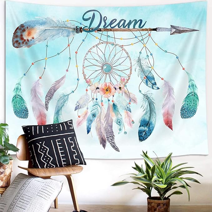 Dream Catcher Feather Mini Tapestry, Native American Arrow Dreamcatcher Tapestry Wall Hanging for Teen Girl Bedroom, Blue Teal Bohemian Bohemian Tapestries Living Room College Dorm Home Decor (40W X