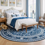 Lessymo Washable 8FT Round Area Rugs for Living Room, Non Slip Circle Rugs Low Pile Vintage Carpet for Bedroom, Dining Room, Nursery, Home Office, Blue White