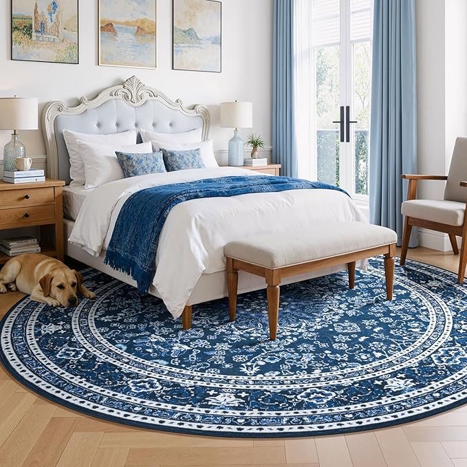 Lessymo Washable 8FT Round Area Rugs for Living Room, Non Slip Circle Rugs Low Pile Vintage Carpet for Bedroom, Dining Room, Nursery, Home Office, Blue White