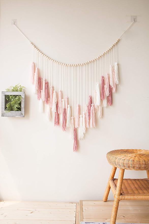 Decocove Macrame Wall Hanging - Large with Wood Beads Bohemian Decor for Bedroom, Living Room and Kitchen Warm Blush Pink 35'' x 36''