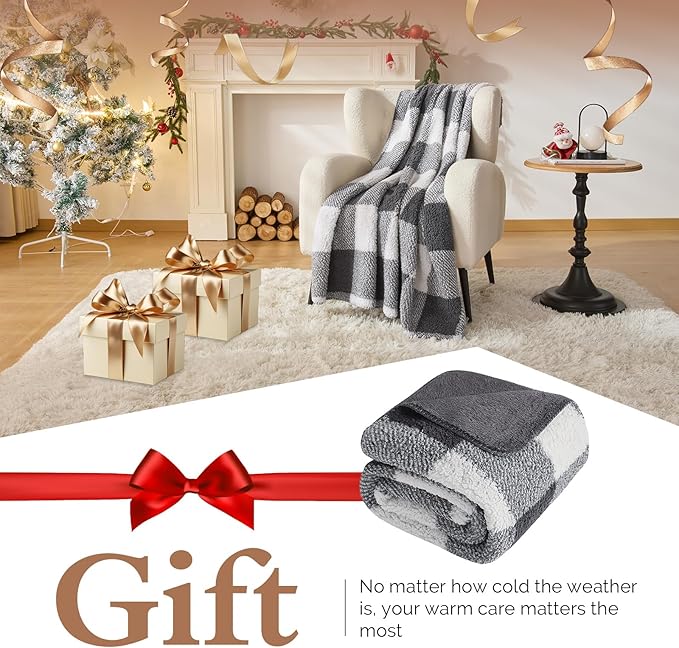 LURKA Checkered Sherpa Fleece Throw Blanket – Soft and Cozy, Medium Weight for All Season, Plush Throw for Couch, Bed & Pets, Smoke Grey, 50x60 Inches