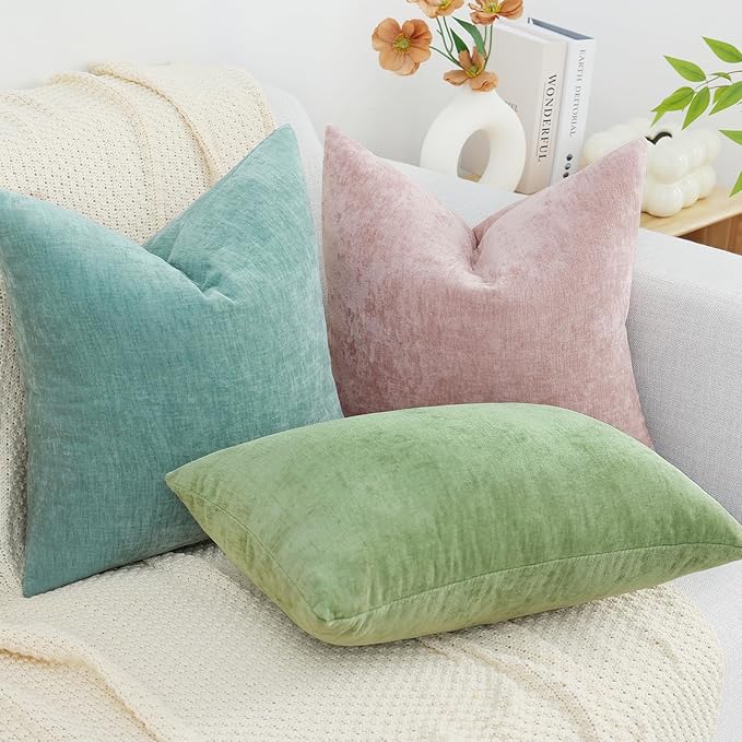 decorUhome Chenille Aqua Haze Spring Euro Sham Throw Pillow Covers 24x24 Inch Set of 2, Decorative Soft Couch Pillow Covers Solid Dyed Accent Farmhouse Neutral Square Pillow Cases for Sofa