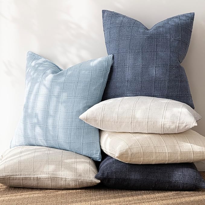 Foindtower Set of 2 Decorative Linen Check Throw Pillow Covers Neutral Farmhouse Vintage Cushion Covers Modern Boho Accent Home Decor for Sofa Chair Couch Bedroom Living Room,22×22 Inch,Sky Blue
