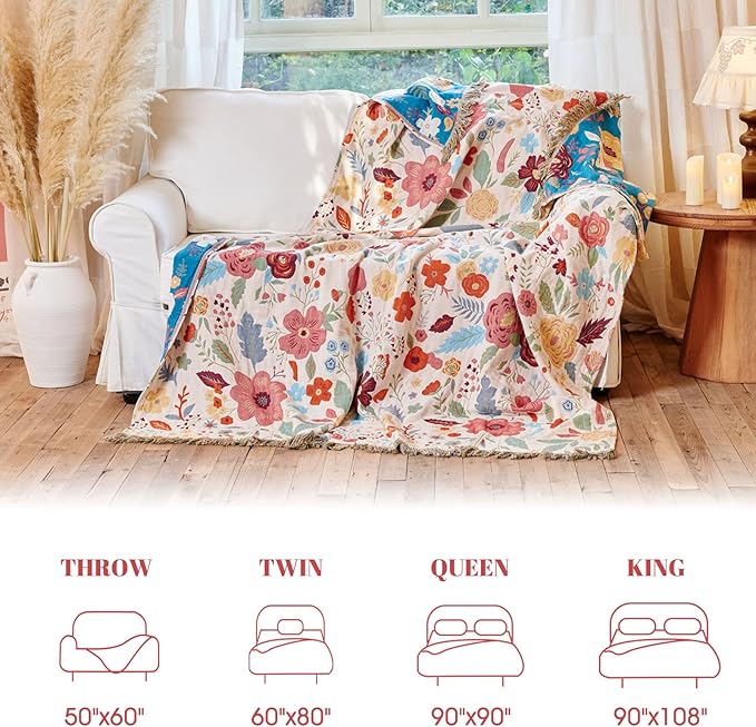 MSGKV Boho Throw Blanket for Bed Twin Size 100% Cotton Floral Blanket 60"x80" for Sofa Couch Muslin Spring Breathable All Seasons Lightweight Farmhouse Blankets Home Decor