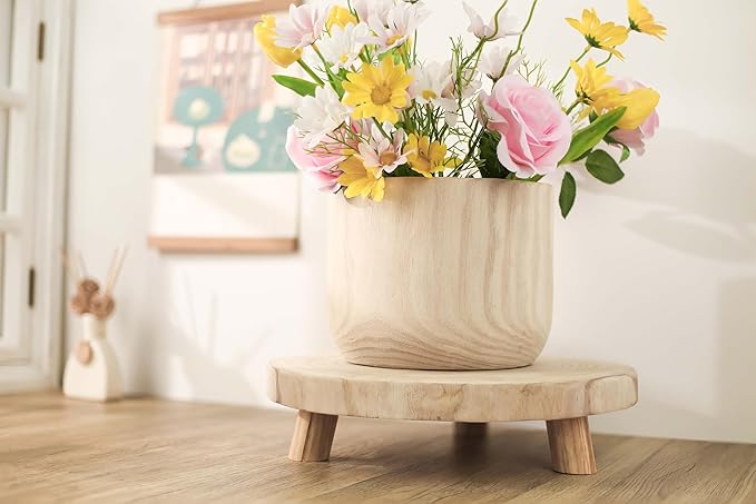 CYS EXCEL 2 Pcs Wooden Plant Stands Modern Raised Display Risers for Indoor Planters Round Natural Wood Slice Pedestals with Short Legs for Tabletop Decor Rustic Boho Home Accent, 13 Inch Diameter