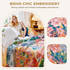 Boho Throw Blanket for Bed Cotton Spring Blankets for Bedroom Living Room All Season Lightweight Floral Embroidery Reversible Twin Quilt for Couch Sofa Chair 60"x80" Home Decor