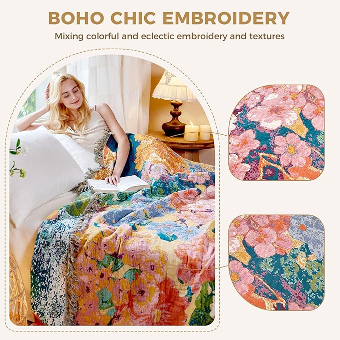 Boho Throw Blanket for Bed Cotton Spring Blankets for Bedroom Living Room All Season Lightweight Floral Embroidery Reversible Twin Quilt for Couch Sofa Chair 60"x80" Home Decor