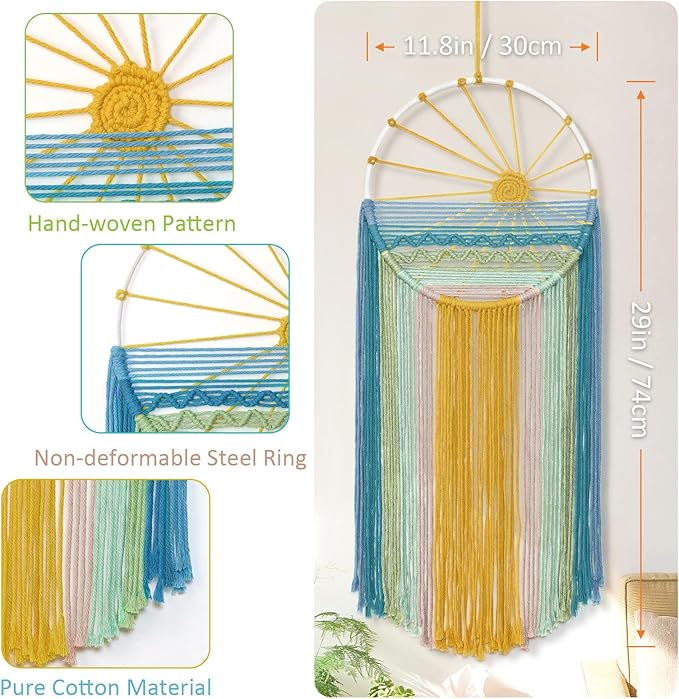 MEIVINES Macrame Wall Hanging,11.8x27.6 Inches Boho Sun Wall Art Decor,Woven Hanging Tapestry Tassels Handmade Colorful Tapestry for Bedroom Living Room Nursery Apartment
