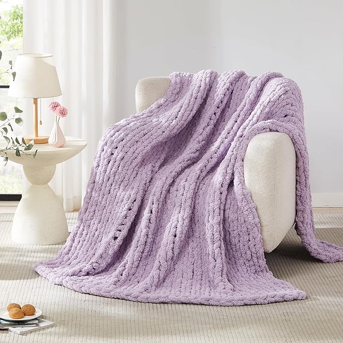 L'AGRATY Chunky Knit Blanket Throw - Soft Chenille Yarn Throw Blanket 50x60: Handmade Thick Cable Knit Crochet Blanket - Large Knit Blanket Chunky Rope Knot Throw Blanket for Couch Sofa Bed Home Decor