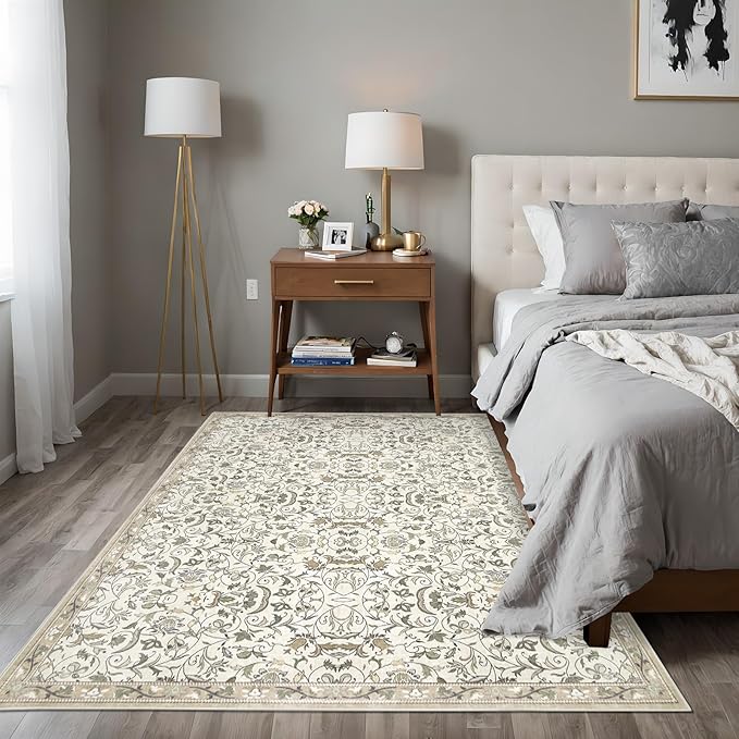 4×6 Washable Large Area Rugs for Living Room, Floral Soft Rug Non Slip Stain Resistant Carpet for Bedroom Dining Room Kitchen Farmhouse Home Decor，Beige Multi 061