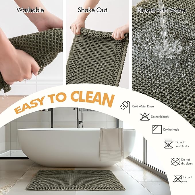 MIULEE Set of 2 Waffle Bathroom Rugs, Boho Bath Rug Super Absorbent, Non Slip Washable Ultra Soft Rubber Backed Shower Bath Mats for Floor, Tub, Shower, Bordered Design, Green, 18x30 Inch