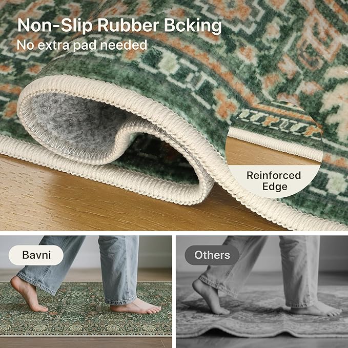 Bavni 2'6''x6 Rug Runners for Hallways, Washable Runner Rug Non Slip, Vintage Floral Print Style Rugs for Bedroom-Lightweight Low Pile Carpet for Hallways Bathroom, Forest Green