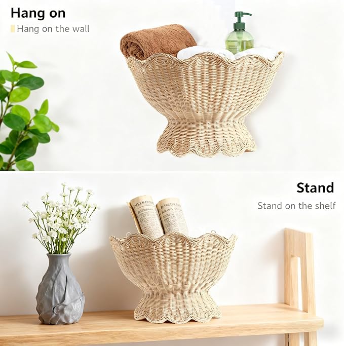 Scalloped Wicker Wall Basket,Scallop Hanging Rattan Basket for Organizing, Woven Plant Wall Decor Art, Wall Mounted Basket, Hanging Storage Basket for Front Door and Home (Natural)
