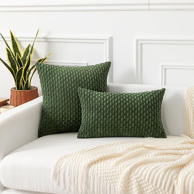 Kevin Textile Spring 14x22 Inch Pillow Cover 1 Pack Boho Decorative Soft Striped Corduroy Lumbar Farmhouse Solid Color Accent Rectangle Cushion Case for Living Room Couch Sofa Bed, Moss Green