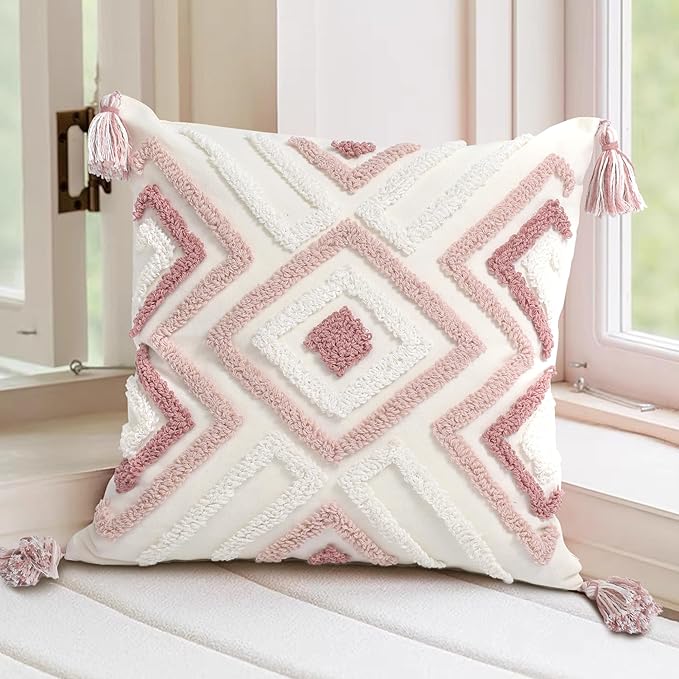 Boho Pillow Covers 18X18 Inch Boho Tufted Throw Pillow Covers Decorative Tassels Cushion Cover Farmhouse Pillow Case for Couch Sofa Bed Living Room Bedroom, Blush