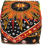 CRAFT KALA Square Mandala Floor Pillow Cushion Cover Seating Throw Cover Hippie Decorative Bohemian Ottoman Poufs Cover Pillow Cases Cotton Living Room Home Décor 16X16X14 inches, Orange Burning Sun