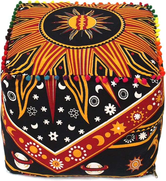 CRAFT KALA Large Hippie Mandala Meditation Floor Ottoman Pillow Cushion Pouf Cover Square Poufs Cover Bohemian Circle Floor Cushion Cover Outdoor Living Room Decor 22X22X14 inches, Purple Burning Sun