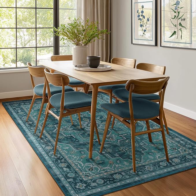 Classic Teal 5x8 Area Rugs for Living Room, Vintage Medallion Dining Room Rug Washable Non Slip, Boho Unique Low Pile Thin Carpet Rugs for Den/Bedroom/Foyer/Home Office