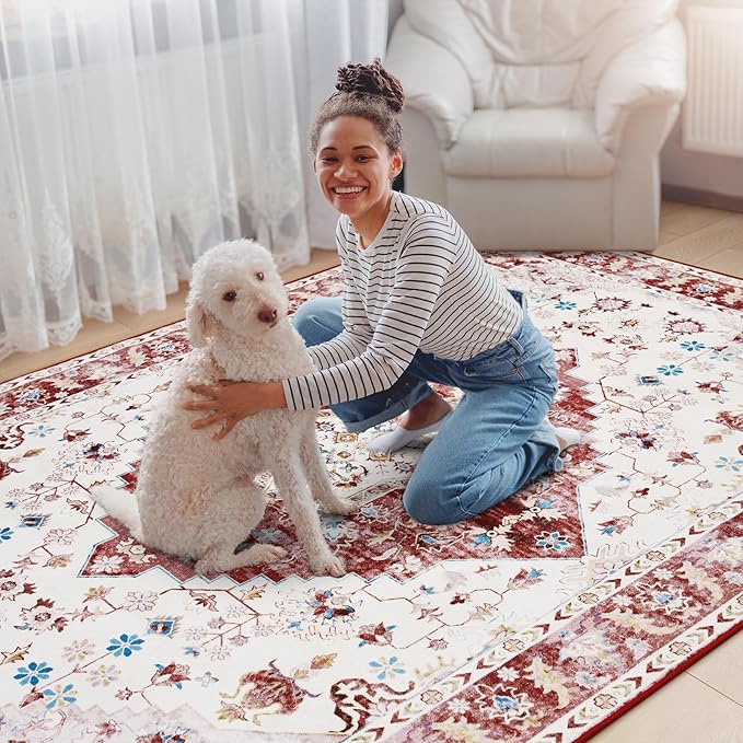 Amearea Vintage Design Area Rugs for Living Room, 4x6 Machine Washable Floral Collection Traditional Bedroom Rug, Low Pile Cute Kids Room Print Carpet, No Slip Office Kitchen Home Decor, Red