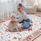 Amearea Vintage Design Area Rugs for Living Room, 4x6 Machine Washable Floral Collection Traditional Bedroom Rug, Low Pile Cute Kids Room Print Carpet, No Slip Office Kitchen Home Decor, Red