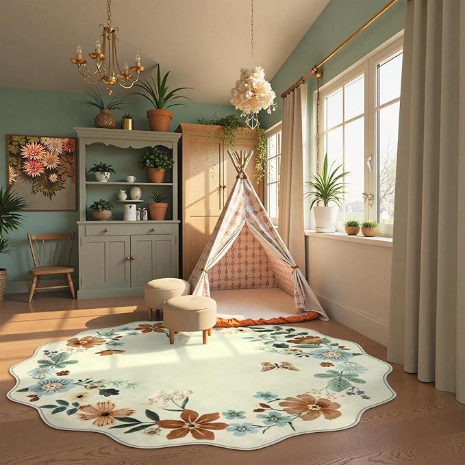 Lahome Floral Washable Round Area Rug, Soft Round Rugs 6ft Ultra-Thin Non-Slip, Boho Large Circle Carpet for Bedroom Living Room Kitchen Nursery Flore, Beige
