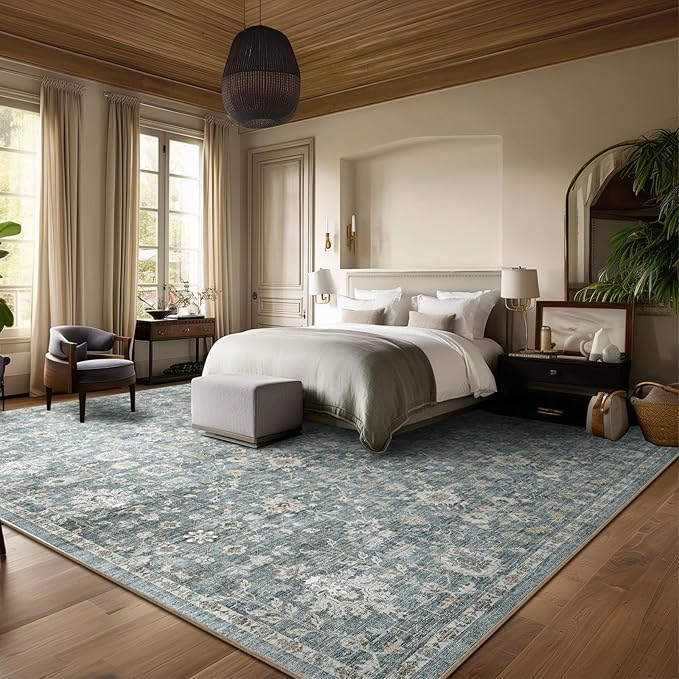 Washable Rugs for Living Room: 9x12 Area Rugs for Bedroom Ultral Soft Non-Slip Stain Resistant Vintage Boho Large Carpet for High-Traffic Dining Room - Farmhouse Decor