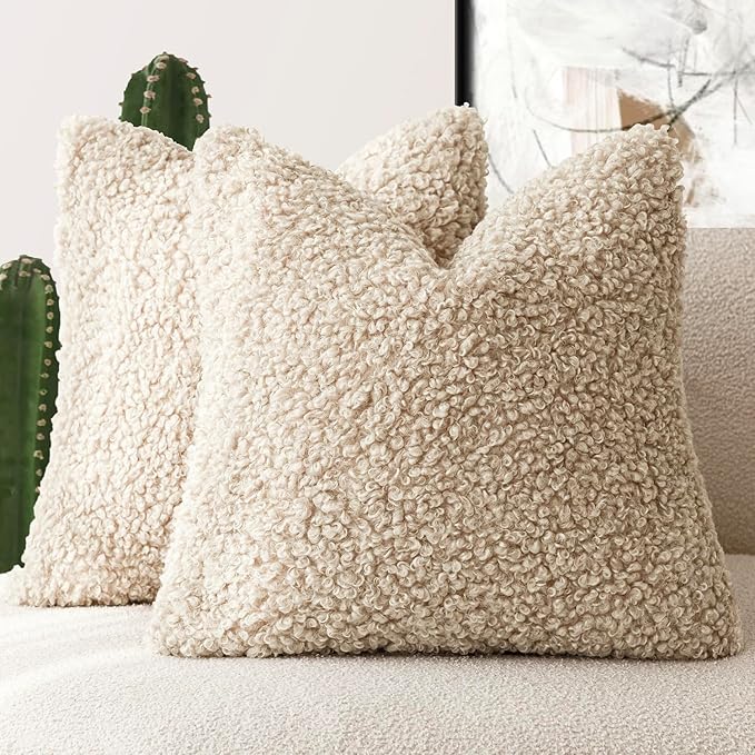 Foindtower 2 Pieces Faux Fur Throw Pillow Cover Decorative Sherpa Pillow Fuzzy Accent Pillowcases Soft Sheepskin Fleece Cushion Case for Bed Couch Living Room 26x26 Inch Oatmeal