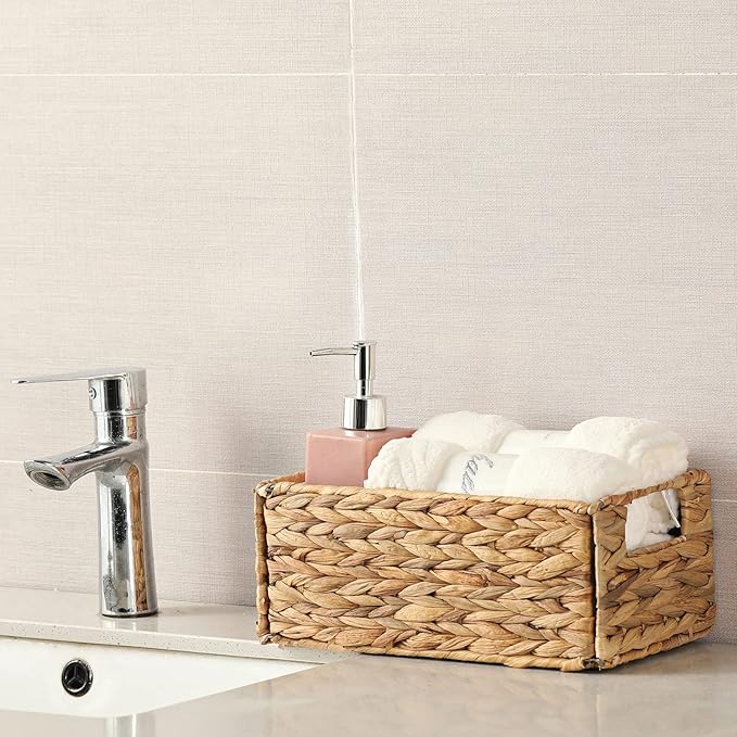 Vagusicc Wicker Storage Basket, Set of 2 Hand-Woven Storage Baskets for Organizing, Small Wicker Basket for Toilet Paper, Foldable Cube Organizer Bins for Shelves and Bathroom (Water Hyacinth)