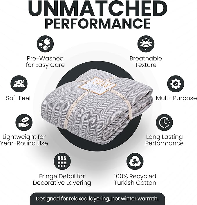 Gold Case Throw Blanket for Bed - 100% Recycled Turkish Cotton Blanket - Vintage Lightweight Soft Throw Blankets for Bed & Living Room - Queen Size Cozy Blankets - 90x90 - Grey