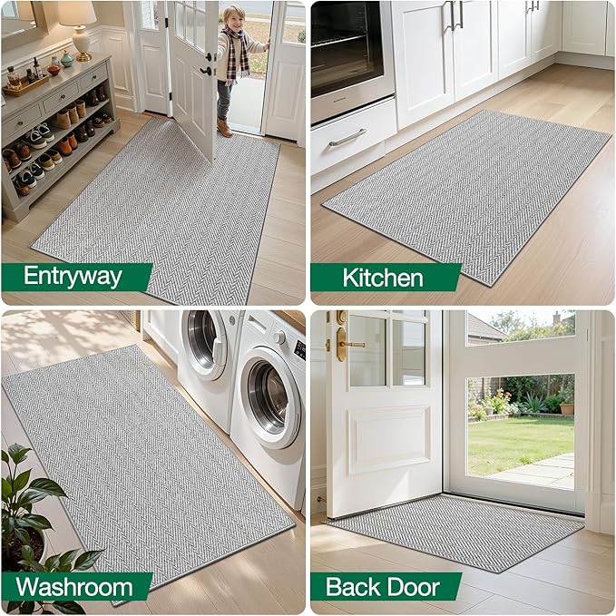 LUMI Ultra Thin Indoor Door Mat for Entrance 48"x72", Non Slip Entryway Mat, Low Profile Doormat, Unique Herringbone Design Carpet for Inside, Patio, Porch, Gray