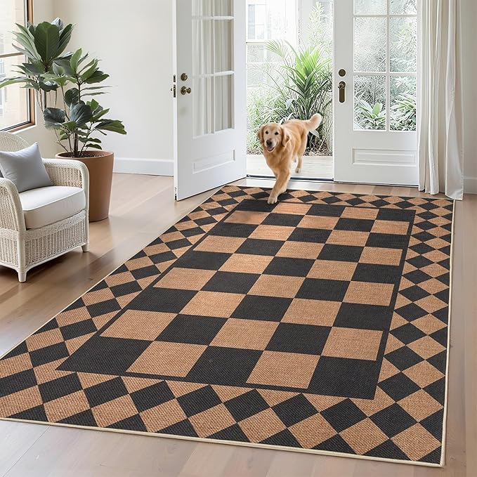 GarveeHome Easy Jute Rug 9x12 Washable Rugs for Living Room Checkered Indoor Outdoor Rug for Patio Non-Slip No Shed Jute Rugs Geometric Carpet for Farmhouse Dining Room Backyard Office, Black Brown