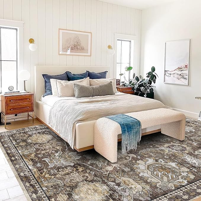 RUGSURE Washable Area Rugs - Perfect for Living Room, Bedroom, Kids Room, Nursery - Stain & Water Resistant Non-Slip, Pet & Child Friendly, Vintage Tribal Area Rugs (Ivory, 4' x 6')