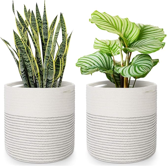 Flexzion Plant Basket (2 Pack) Modern Urban Boho Cotton Rope Basket Indoor Planter Holder (Up to 11 Inch Flower Pot) Macrame Woven Storage Organizer Bin with Handles Home Decor Storage 12" x 12"