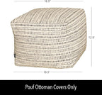 Chardin home Unstuffed Ottoman, Cozy & Bohemian Pouf Covers, Hand Crafted Casual Seating, Footrest, Square Floor Pillow for Home, Office, Bedroom, Living Room, 16.5" x 16.5"x 12.9", Black-Off White
