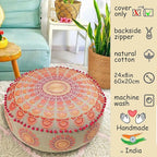 Mandala Life ART Large Boho Pouf Cushion Cover Pink Round Floor Pillow Luxury Kids Room Décor Cotton Pouf Ottoman Cushion for Meditation Yoga and Boho Chic Seating Area Stool Cotton 24x8 Unstuffed