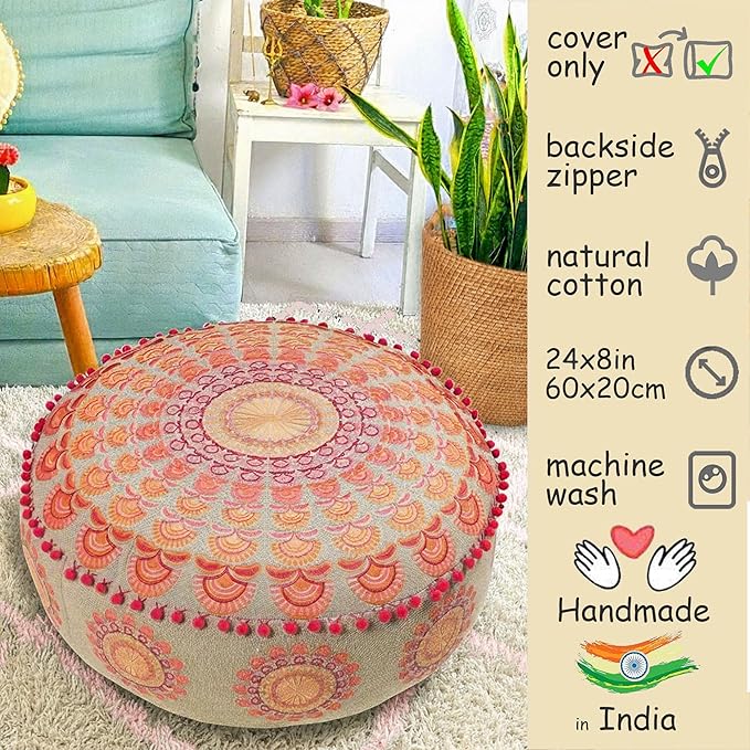 Mandala Life ART Large Boho Pouf Cushion Cover Pink Round Floor Pillow Luxury Kids Room Décor Cotton Pouf Ottoman Cushion for Meditation Yoga and Boho Chic Seating Area Stool Cotton 24x8 Unstuffed