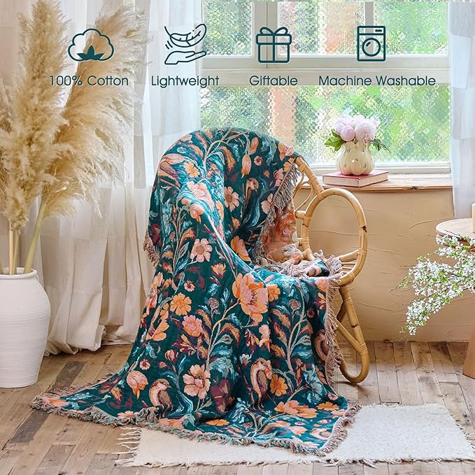Boho Throw Blanket - 100% Cotton Ultra Soft Muslin Blanket, 50"x60" Lightweight Floral Bird Framhouse Bedding Spring Blanket for Bed, All Season Green Bohemian Bedroom Home Decor Quilt