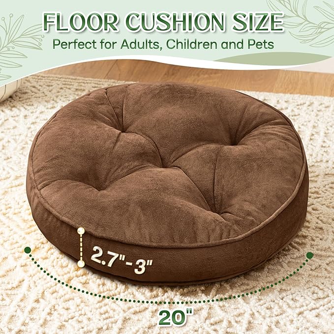 Floor Pillow Set of 2, Memory Foam Meditation Cushion, Floor Cushions for Adults Sitting, Large Round Seat Cushions for Yoga, Living Room, 20x20 Inch (Round | Brown)