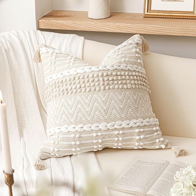 BlissBlush Boho Throw Pillow Cover 20X20, Decorative Accent Pillow for Couch, Square Woven Textured Pillowcase, Modern Boho Pillow for Bed, Bohemian Pillow Cover, Cream White Neutral (Pack of 1)