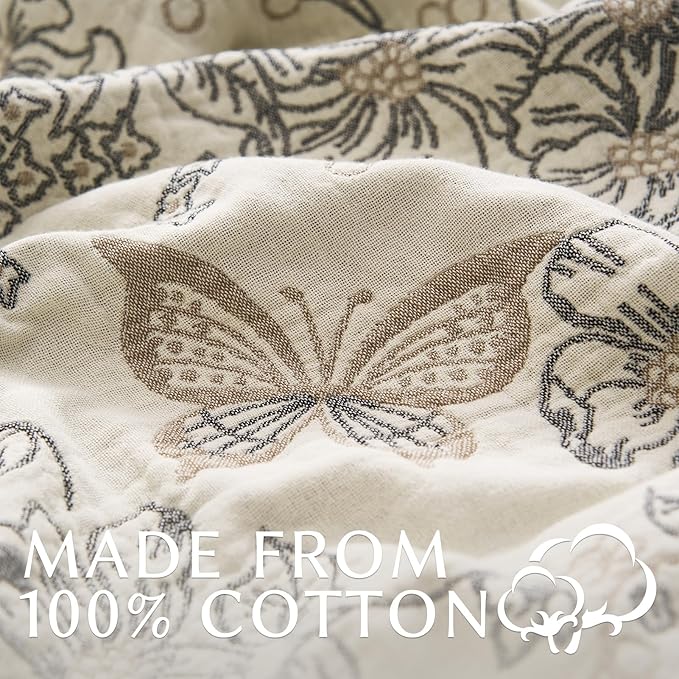 jinchan Boho Floral 100% Cotton Blanket 4-Layer Throw Blanket with Tassel Grey and White Flower Butterfly Soft Luxury Rustic Farmhouse Decor Blanket for Couch Bed 60x80 inch All Season Gift for Women