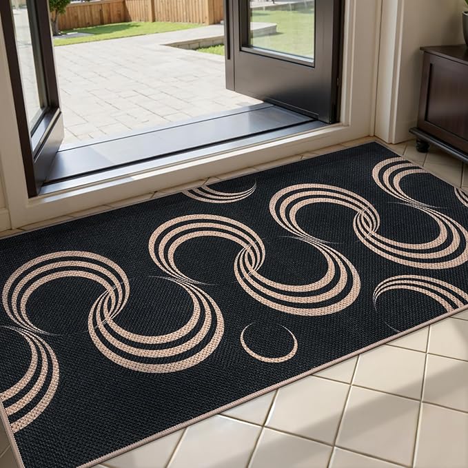 Tangsoo Easy Jute 2x4 Small Throw Rugs for Entryway,Washable Thin Indoor Outdoor Door Mat,Black Non-Slip Indoor Floor Small Carpet for Entrance Kitchen Hallway Bedroom Front Porch