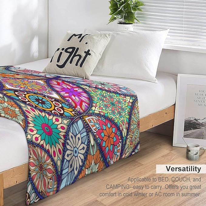 Boho Floral Throw Blanket Bohemian Colorful Mandala Flowers Print Theme Blanket for Sofa Bed Couch Chair Or Dorm 30"x40"