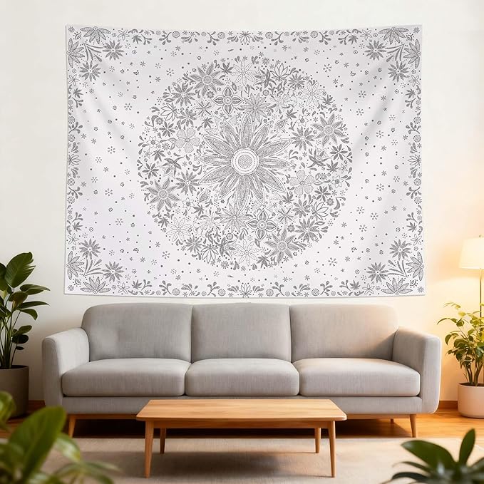 Neasow Bohemian Tapestry Wall Hanging, Gray Floral Tapestry with Dotted Daisy Medallion Print Bedroom Boho Hippie Home Decor, 60x80 inches