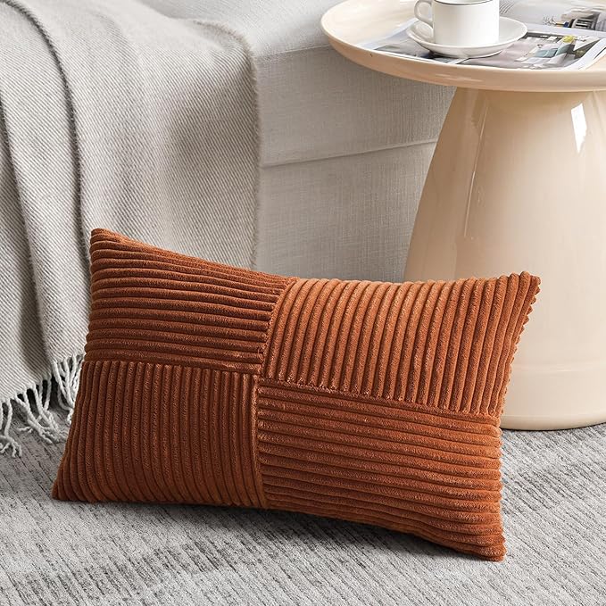 Fancy Homi 2 Packs Rust Lumbar Decorative Throw Pillow Covers 14x22 Inch for Living Room Couch Sofa, Rustic Farmhouse Boho Home Decor, Soft Striped Corduroy Rectangle Accent Terracotta Cushion Case