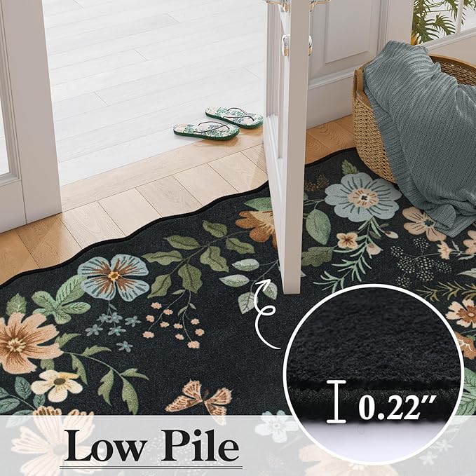 Lahome Floral Entryway Rug, 2x4 Washable Kitchen Rug Ultra-Thin, Non-Slip Soft Door Mat Indoor Entrance Stain Resistant Boho Small Flore Throw Carpet for Bathroom Bedroom (2x4ft,Black/Grey)