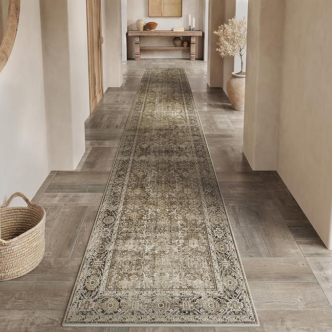 Brown Runner Rug 2x6 Vintage Area Carpet Hallway Long Indoor Kitchen Washable Living Room Low Pile Traditional Distressed Retro Accent Throw Rug Non Slip Laundry Bathroom Office Dining Room