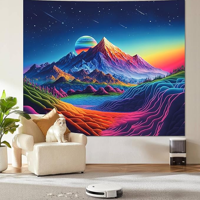 Apdidl Blacklight Posters Space Mountain Tapestry for Bedroom, UV Reactive Sun Nature Forest Tapestries Wall Hanging, Colorful Starry Sky Sunrise Tapestry Aesthetic for Living Room Dorm (51" X 60")