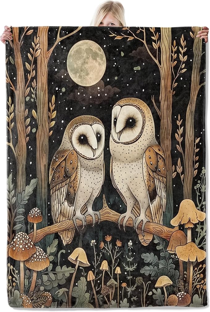 Moonlit Owl Couple Flannel Blanket 50x60in,Enchanted Forest Mushroom Night Scene,Soft Lightweight Throw for Bird Lovers,Cottagecore Decor,Nature Fans and Witchy Aesthetic Home Gifts Blankets